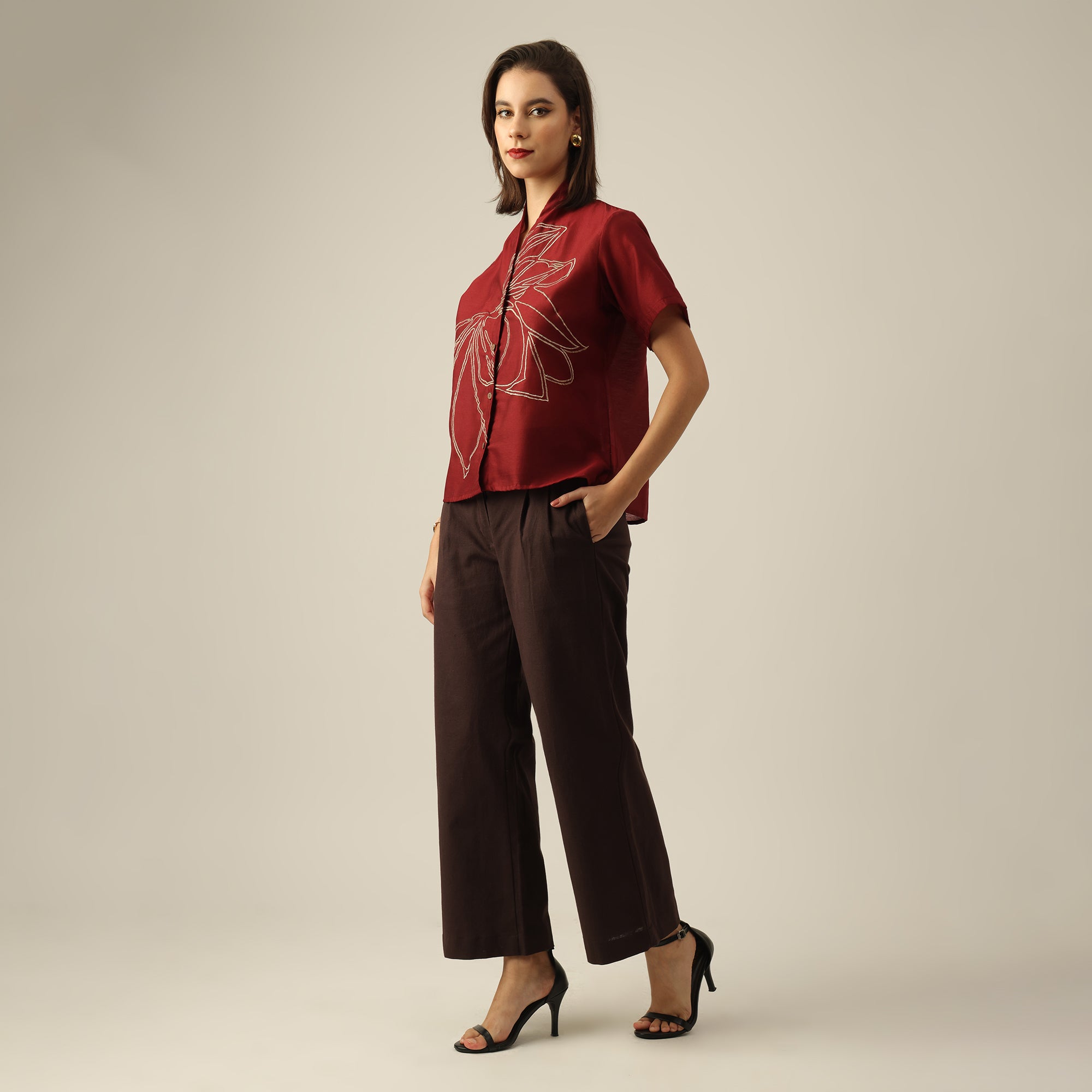 Women Maroon Chanderi Silk Wrap Collar Shirt with Hand-Embroidered Lotus Motif
