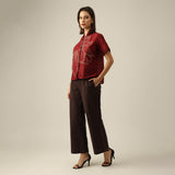 Women Maroon Chanderi Silk Wrap Collar Shirt with Hand-Embroidered Lotus Motif