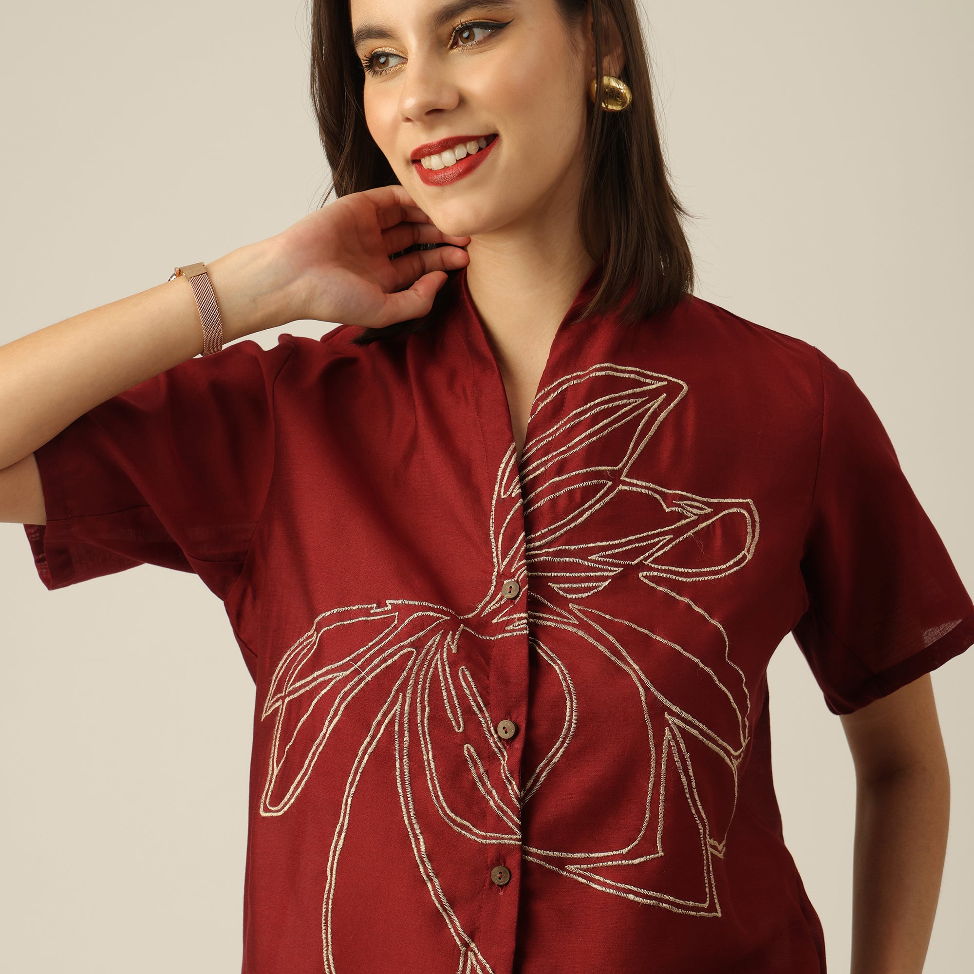 Women Maroon Chanderi Silk Wrap Collar Shirt with Hand-Embroidered Lotus Motif