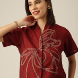 Women Maroon Chanderi Silk Wrap Collar Shirt with Hand-Embroidered Lotus Motif