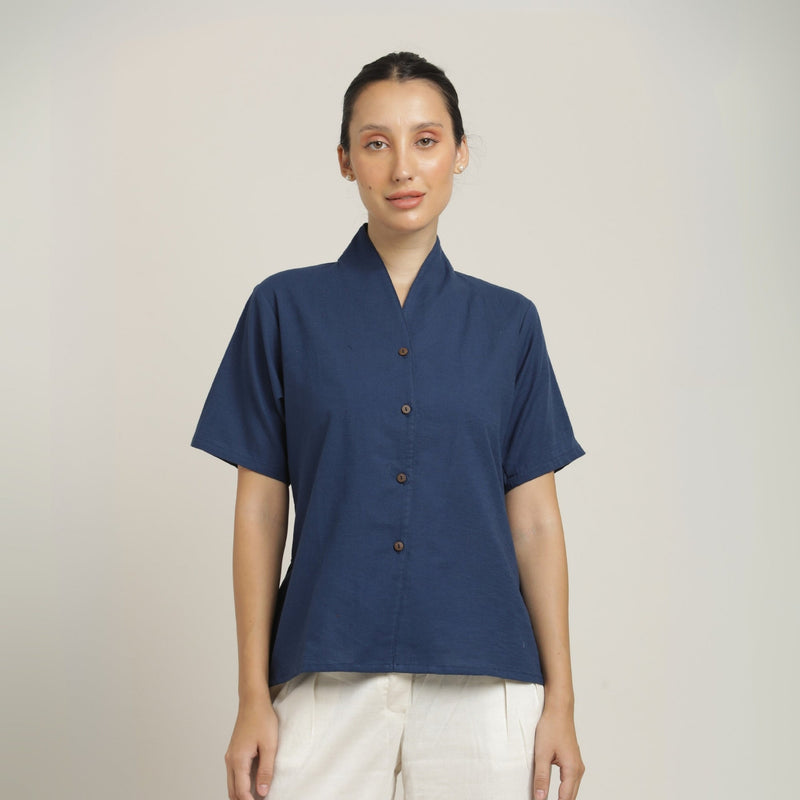 Klara Set Of 2 - Shawl Collar Top & Barrel Leg Pants - Navy Blue & Ecru