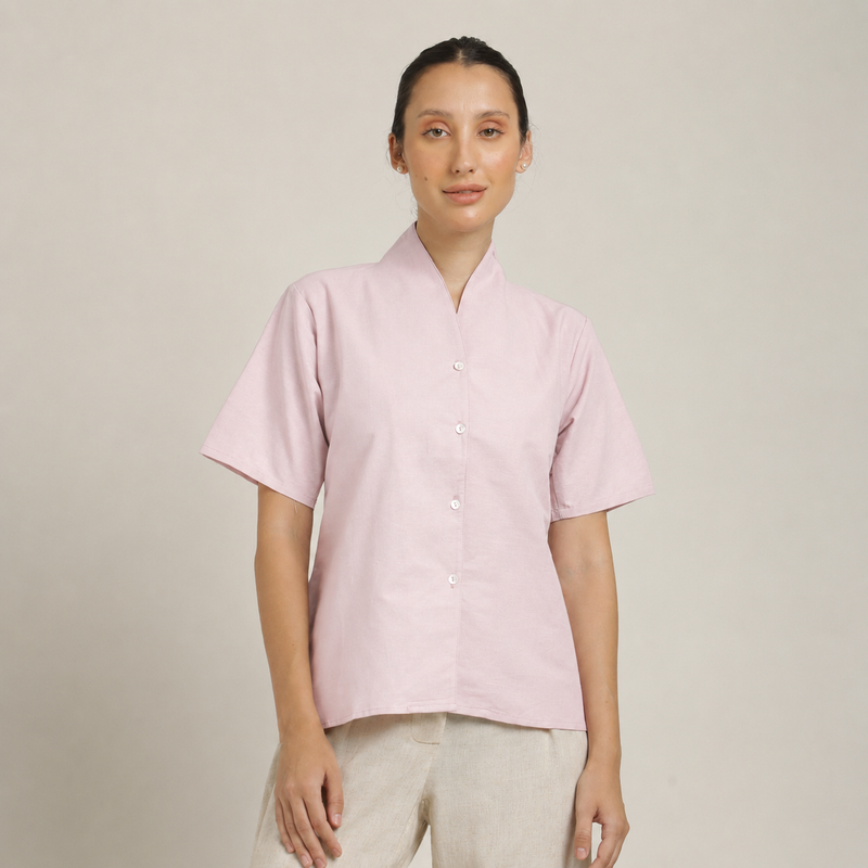 Klara Set Of 2 - Shawl Collar Top & Barrel Leg Pants - Pastel Pink & Ecru