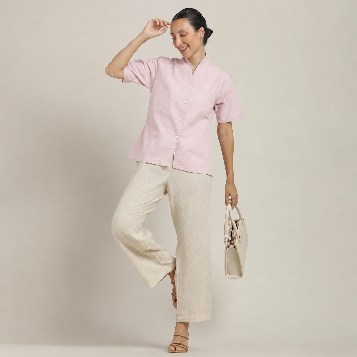 Klara Set Of 2 - Shawl Collar Top & Barrel Leg Pants - Pastel Pink & Ecru