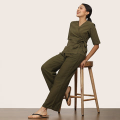 Evelyn Co-ord Set - Wrap Top & Pants - Olive Green