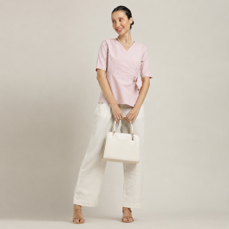 Evelyn Set Of 2 - Wrap Top & Barrel Leg Pants - Pastel Pink & Ecru
