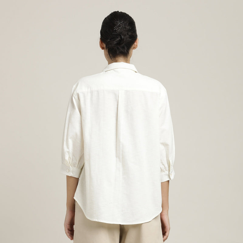 Flora Set Of 2 - Puff Sleeves Top & Wide-Leg Cropped Chinos - Ecru & Beige