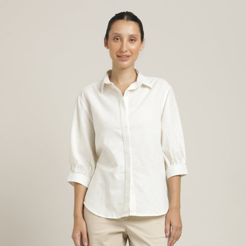 Flora Set Of 2 - Puff Sleeves Top & Wide-Leg Cropped Chinos - Ecru & Beige
