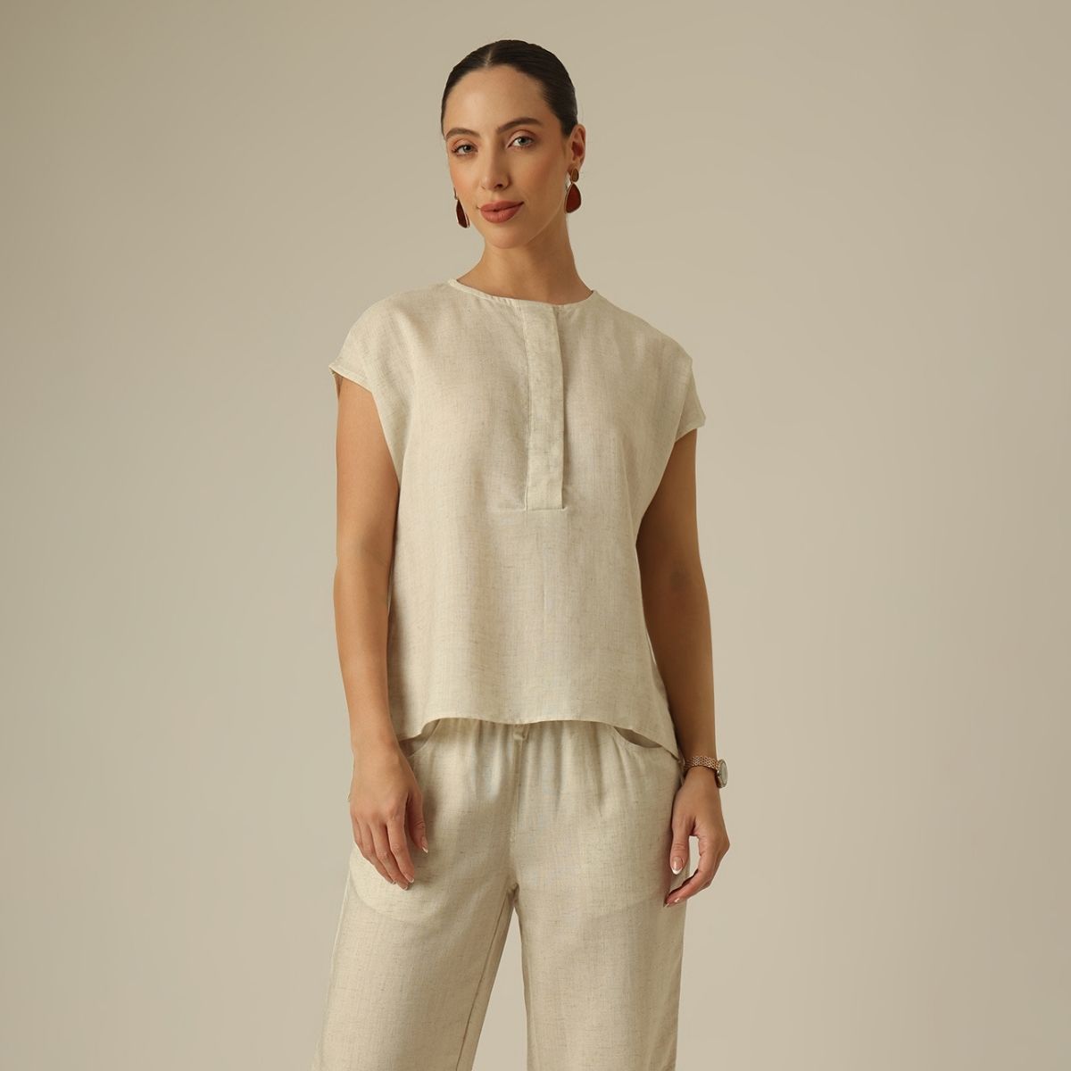 Alice Half Placket Top - Beige