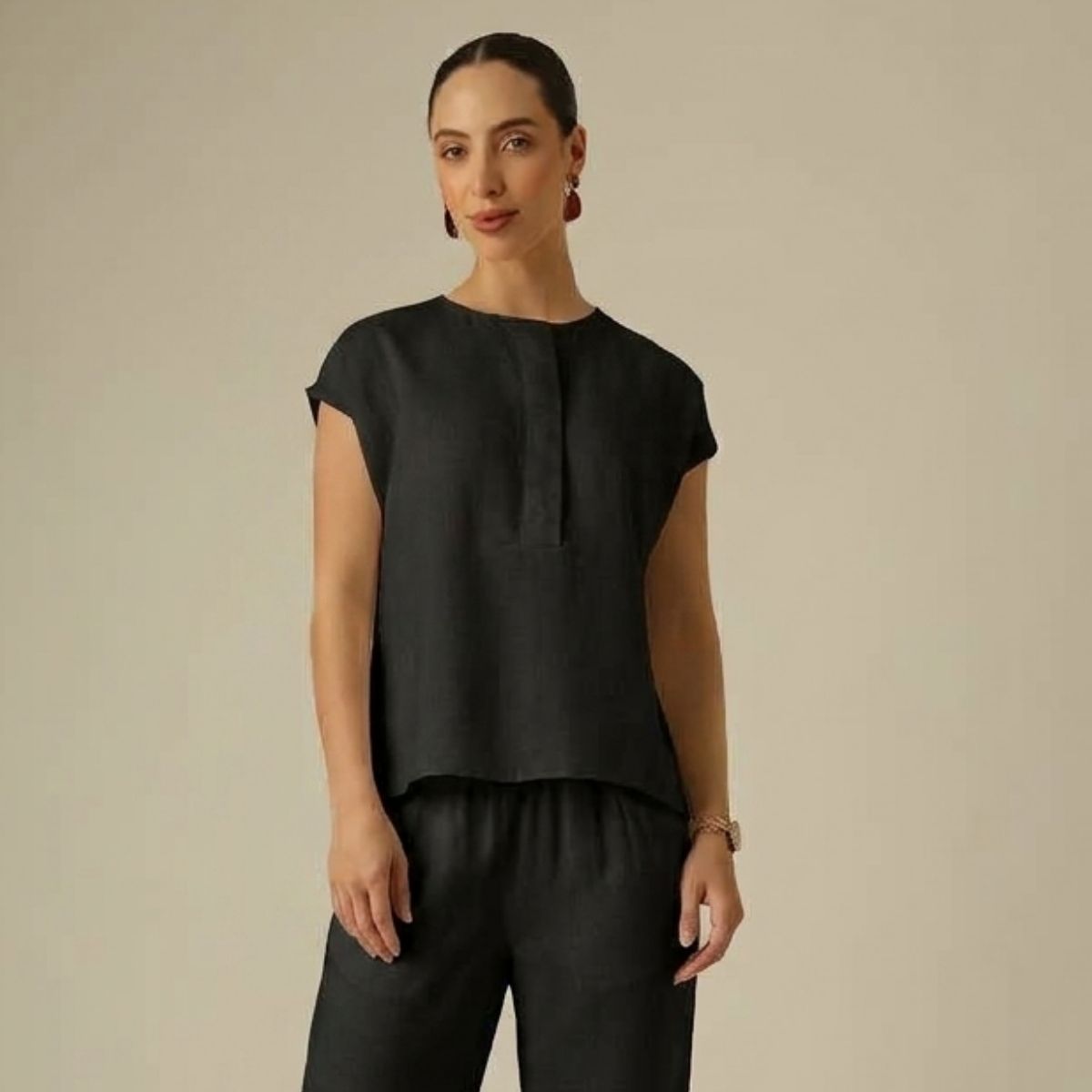 Alice Half Placket Top - Black