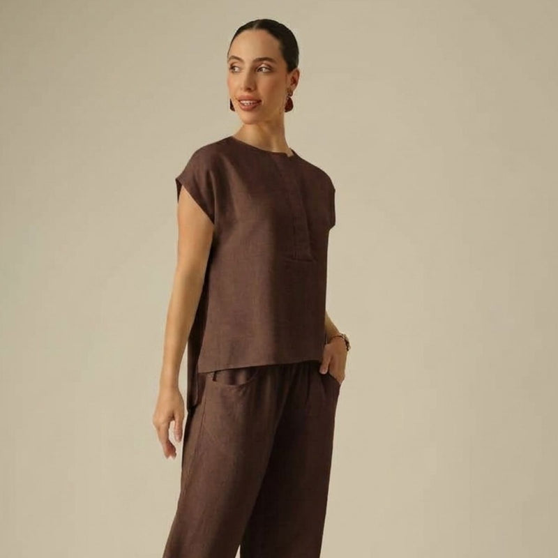 Alice Half Placket Top - Coffee Brown
