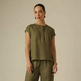 Alice Half Placket Top - Olive