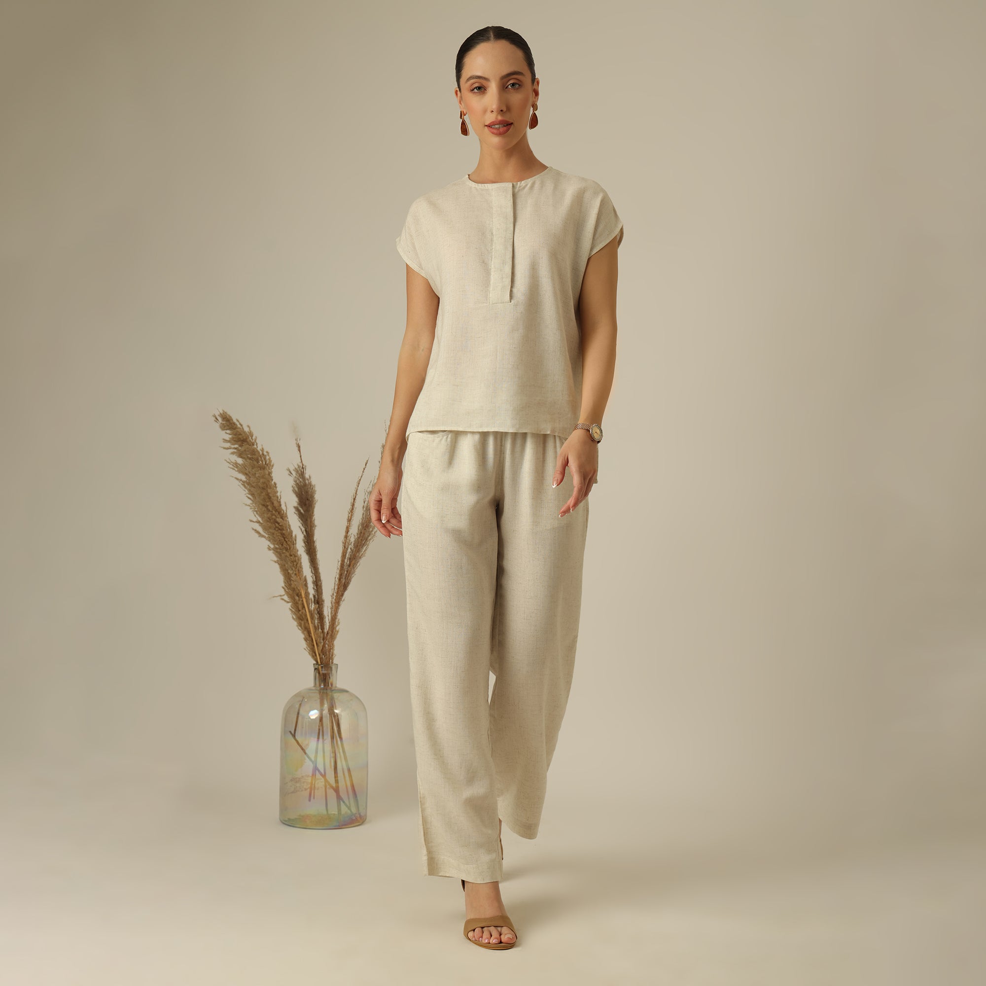 Alice Half Placket Top - Beige