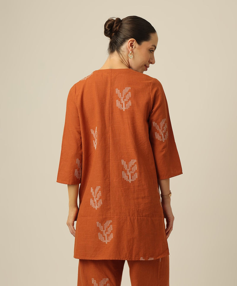 Nyla Long Line Shirt - Orange With Embroidery