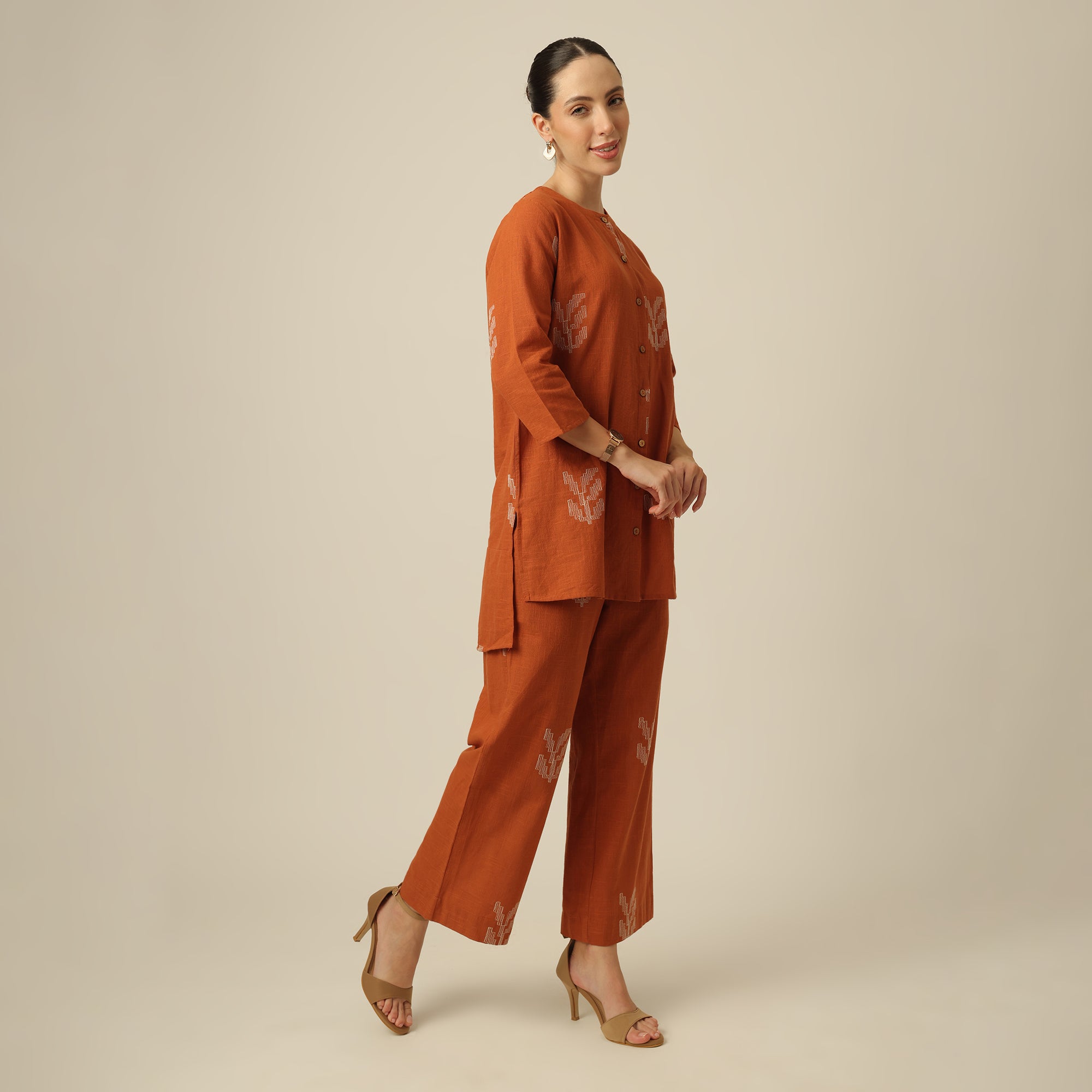 Nyla Co-Ord Set Of 2 - Long Line Shirt & Pants - Orange With Embroidery