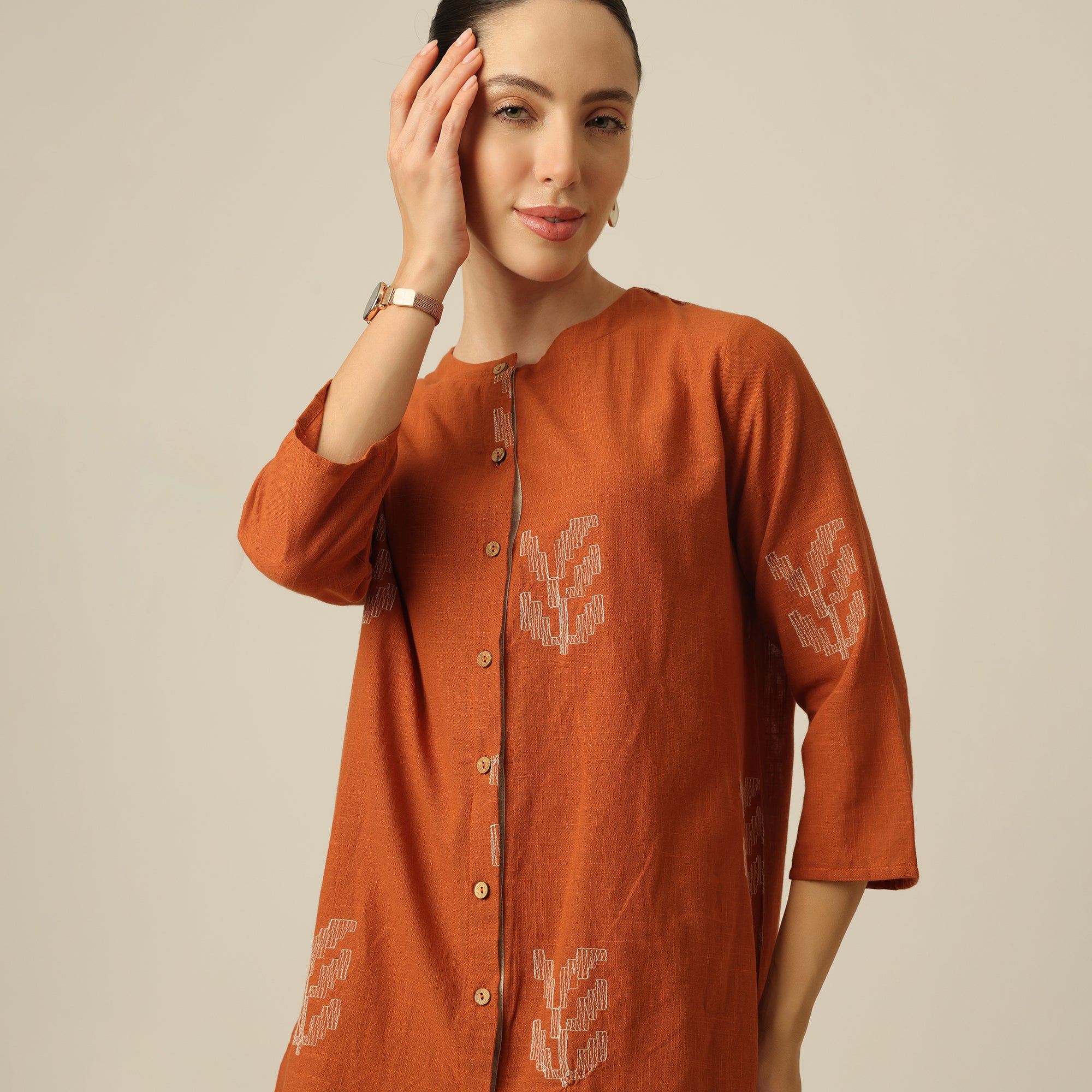 Nyla Co-Ord Set Of 2 - Long Line Shirt & Pants - Orange With Embroidery