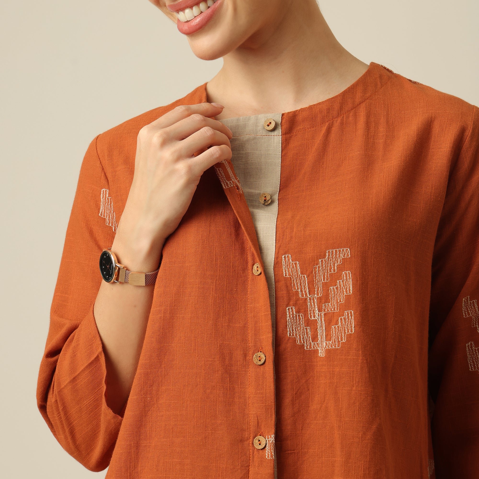 Nyla Co-Ord Set Of 2 - Long Line Shirt & Pants - Orange With Embroidery