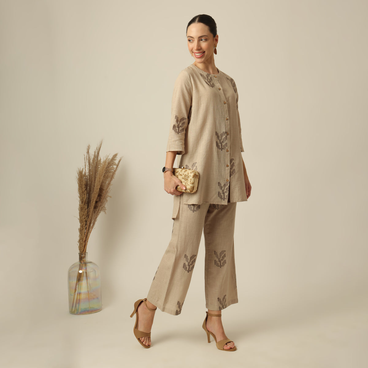 Nyla Co-Ord Set Of 2 - Long Line Shirt & Pants - Greige With Embroidery