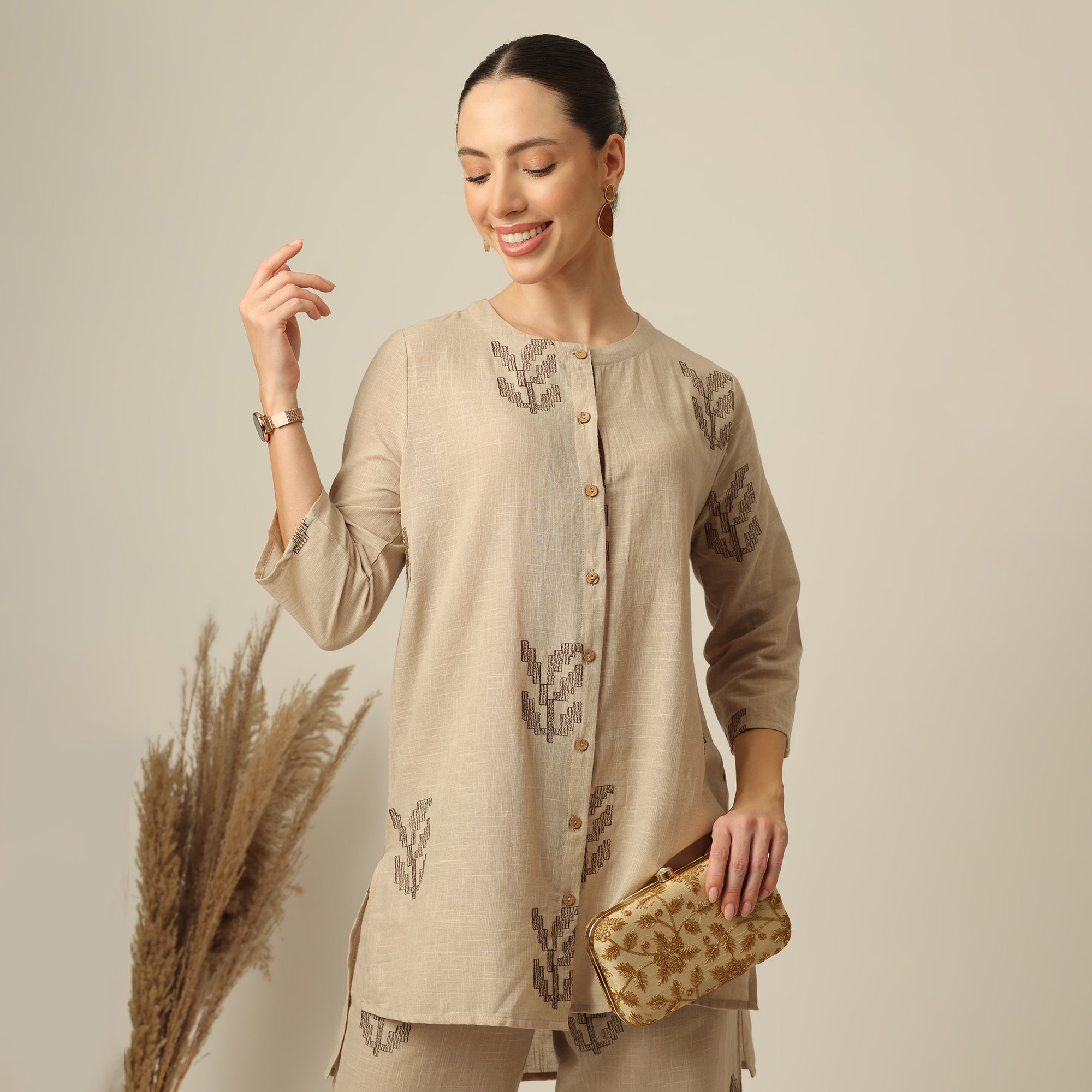 Nyla Co-Ord Set Of 2 - Long Line Shirt & Pants - Greige With Embroidery