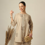 Nyla Co-Ord Set Of 2 - Long Line Shirt & Pants - Greige With Embroidery