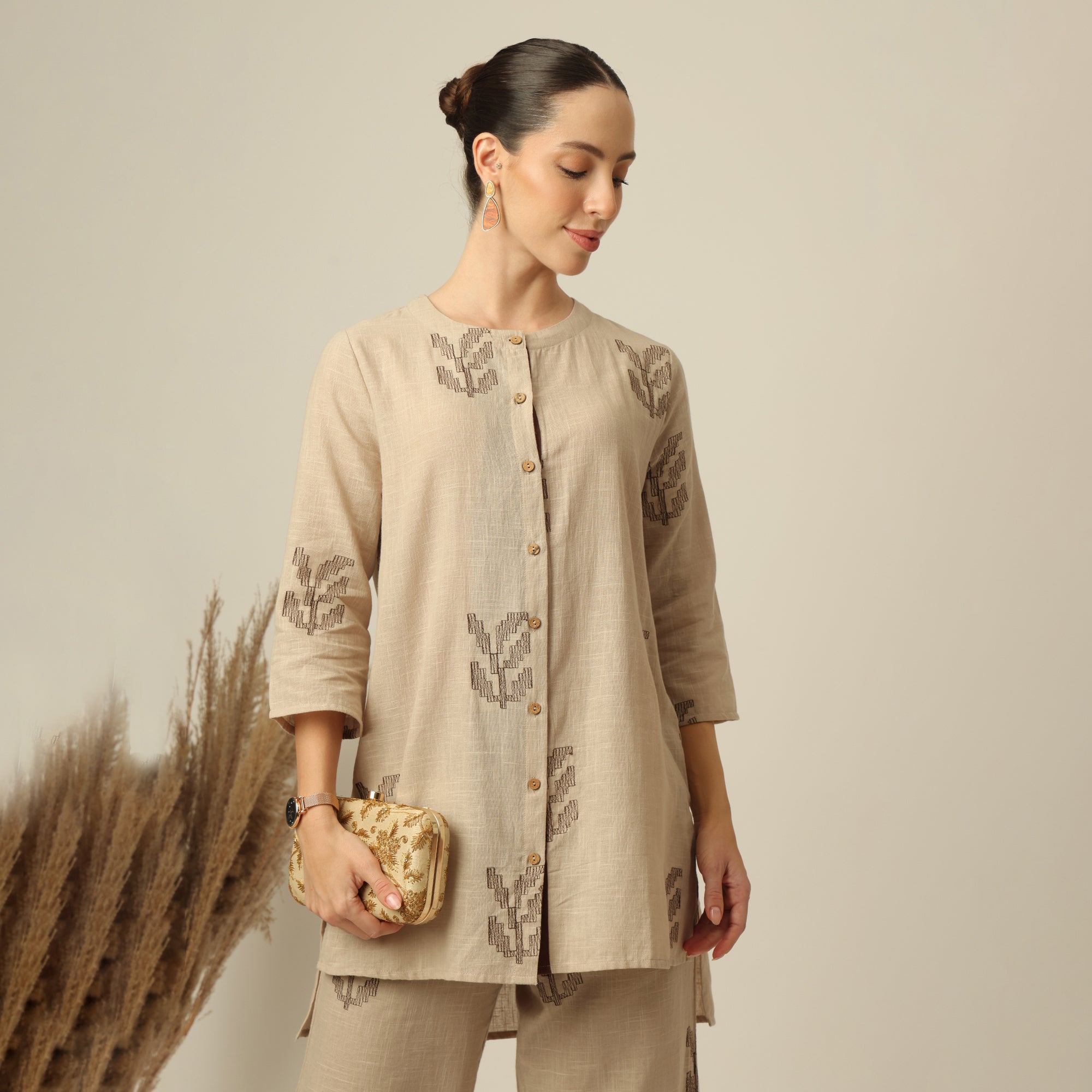 Nyla Co-Ord Set Of 2 - Long Line Shirt & Pants - Greige With Embroidery