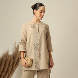 Nyla Co-Ord Set Of 2 - Long Line Shirt & Pants - Greige With Embroidery