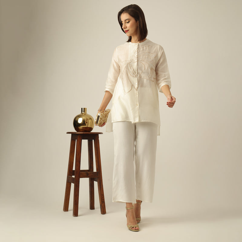 Women Pearl White Chanderi Silk Longline Shirt with Lotus Hand Embroidery & Pants Co-ord set