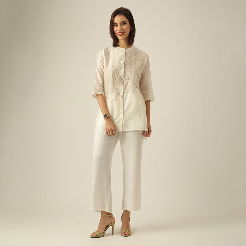 Women Pearl White Chanderi Silk Longline Shirt with Lotus Hand Embroidery & Pants Co-ord set