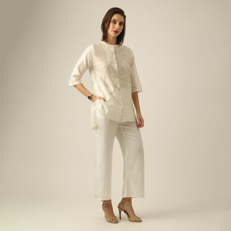 Women Pearl White Chanderi Silk Longline Shirt with Lotus Hand Embroidery & Pants Co-ord set