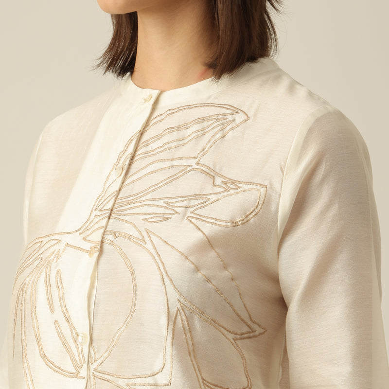 Women Pearl White Chanderi Silk Longline Shirt with Lotus Hand Embroidery & Pants Co-ord set
