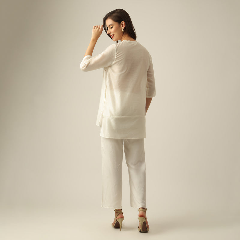 Women Pearl White Chanderi Silk Longline Shirt with Lotus Hand Embroidery & Pants Co-ord set