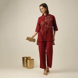 Women Maroon Chanderi Silk Longline Shirt with Lotus Hand Embroidery & Pants Co-ord set