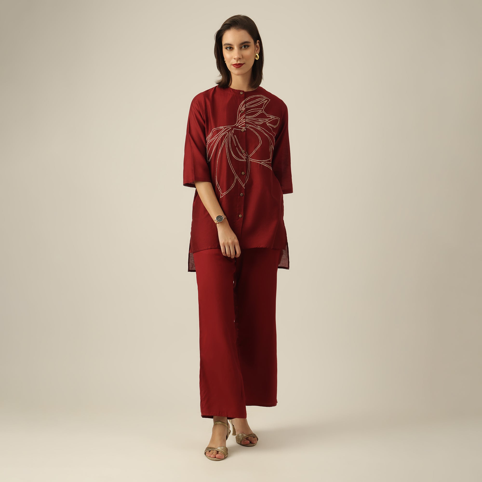 Women Maroon Chanderi Silk Longline Shirt with Lotus Hand Embroidery & Pants Co-ord set