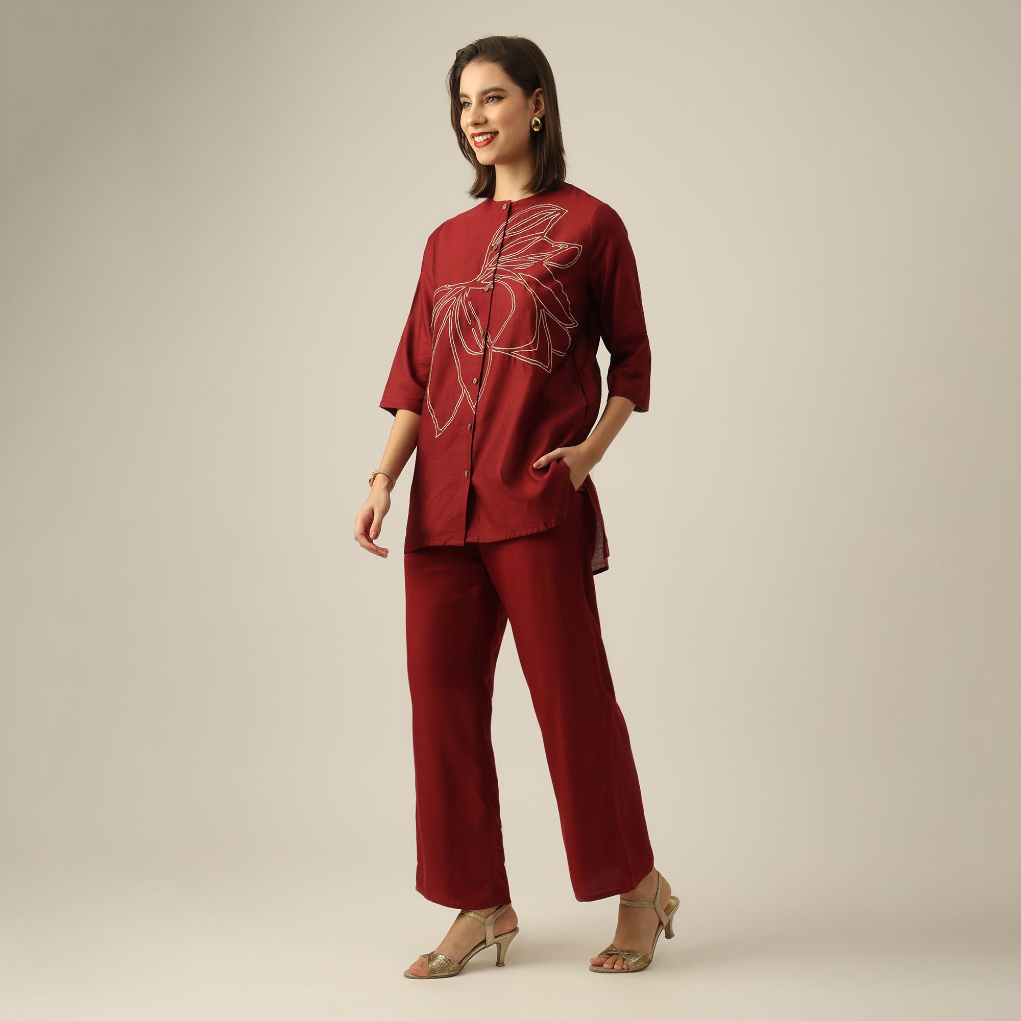 Women Maroon Chanderi Silk Longline Shirt with Lotus Hand Embroidery & Pants Co-ord set