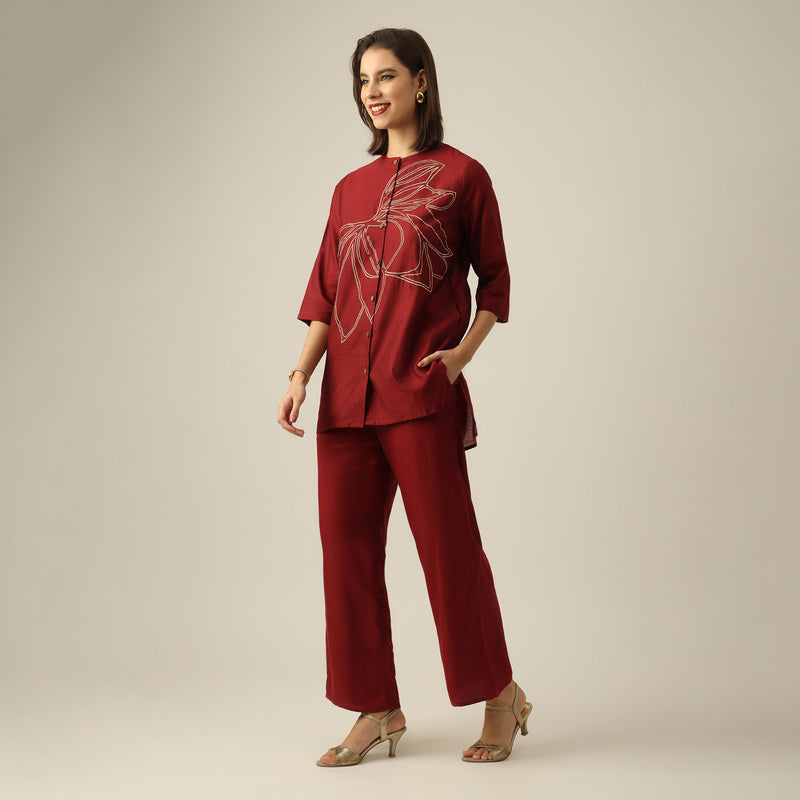 Women Maroon Chanderi Silk Longline Shirt with Lotus Hand Embroidery & Pants Co-ord set