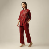 Women Maroon Chanderi Silk Longline Shirt with Lotus Hand Embroidery & Pants Co-ord set