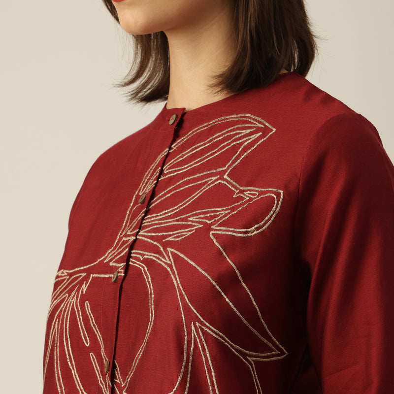 Women Maroon Chanderi Silk Longline Shirt with Lotus Hand Embroidery & Pants Co-ord set