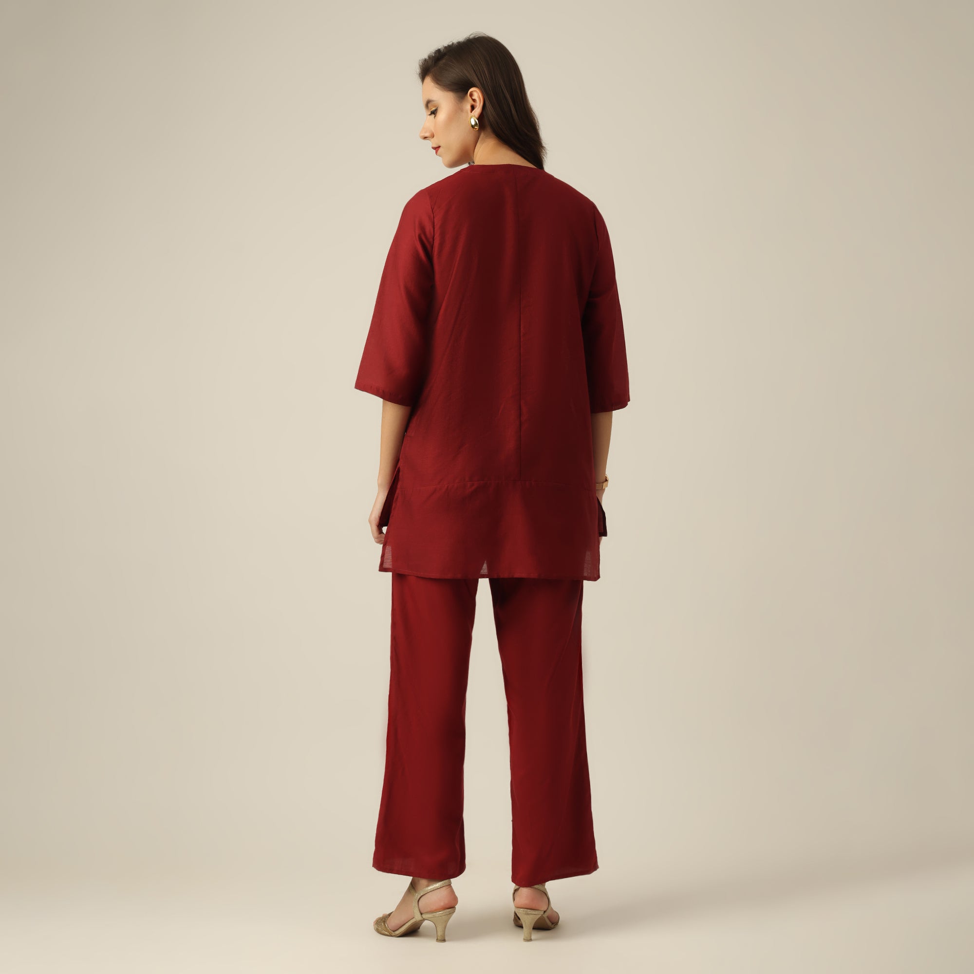 Women Maroon Chanderi Silk Longline Shirt with Lotus Hand Embroidery & Pants Co-ord set