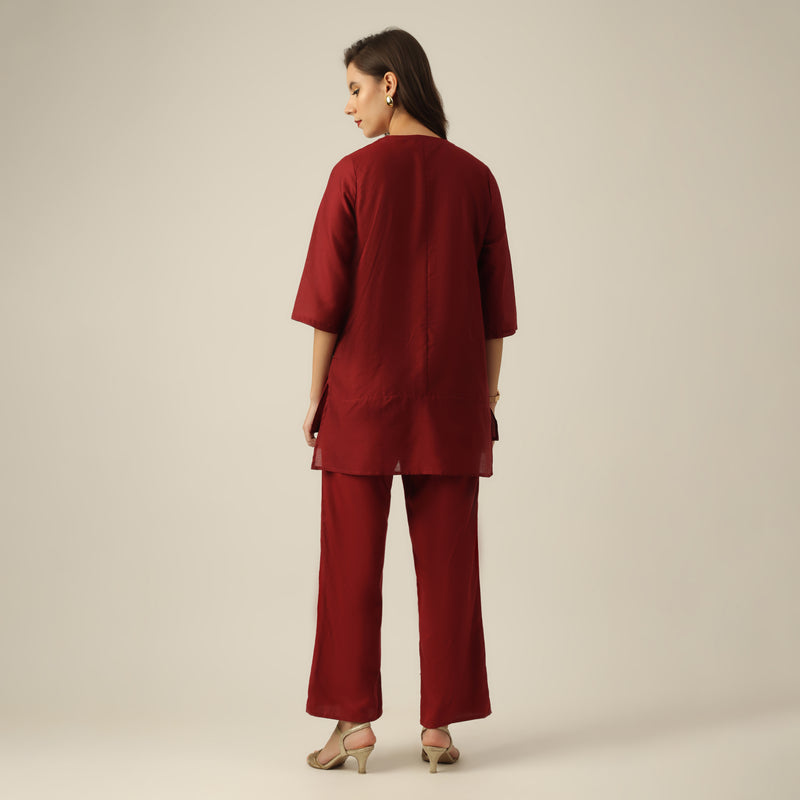 Women Maroon Chanderi Silk Longline Shirt with Lotus Hand Embroidery & Pants Co-ord set