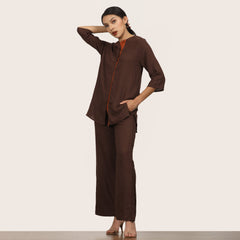 Nyla Co-Ord Set Of 2 - Long Line Shirt & Pants - Coffee