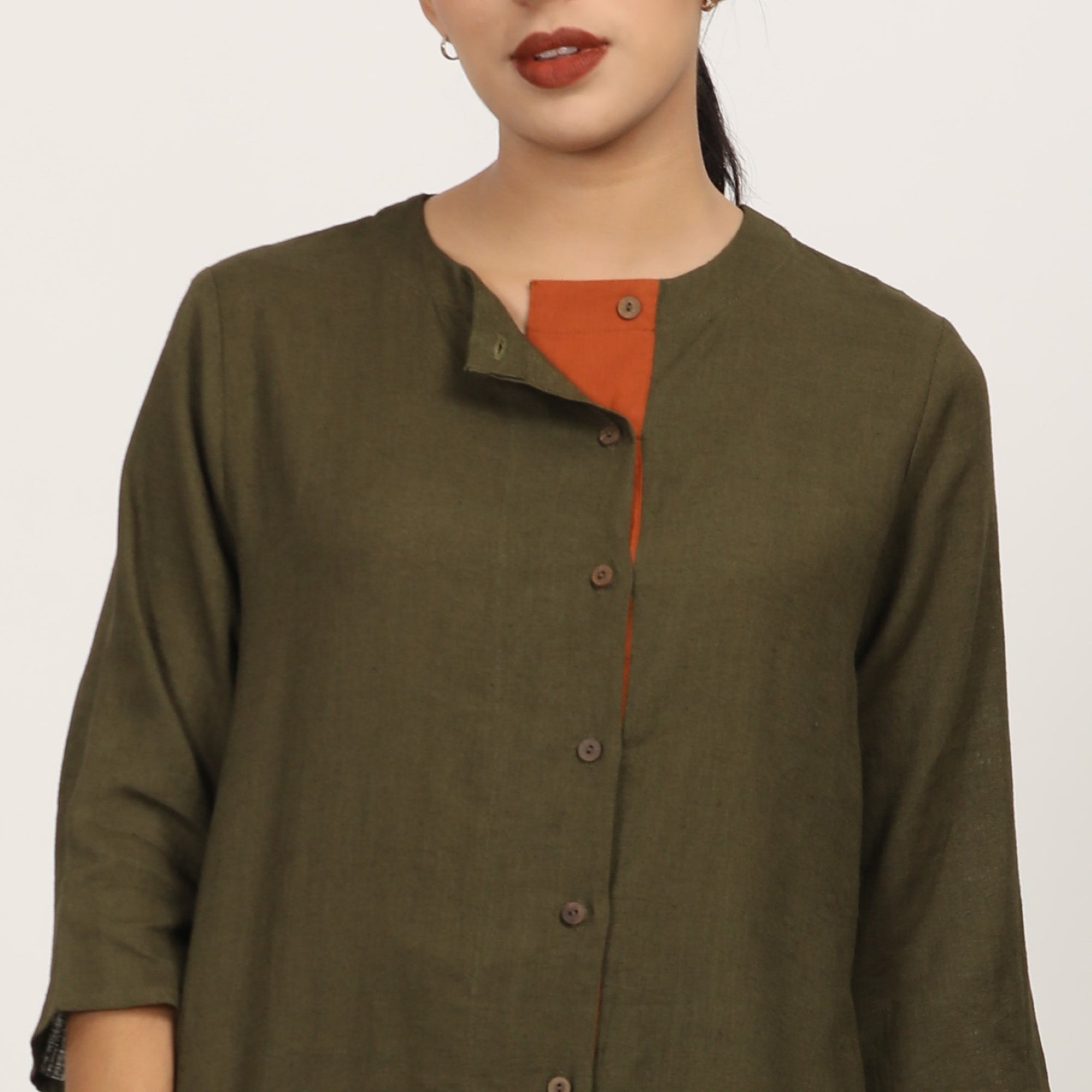 Nyla Long Line Shirt - Olive Green