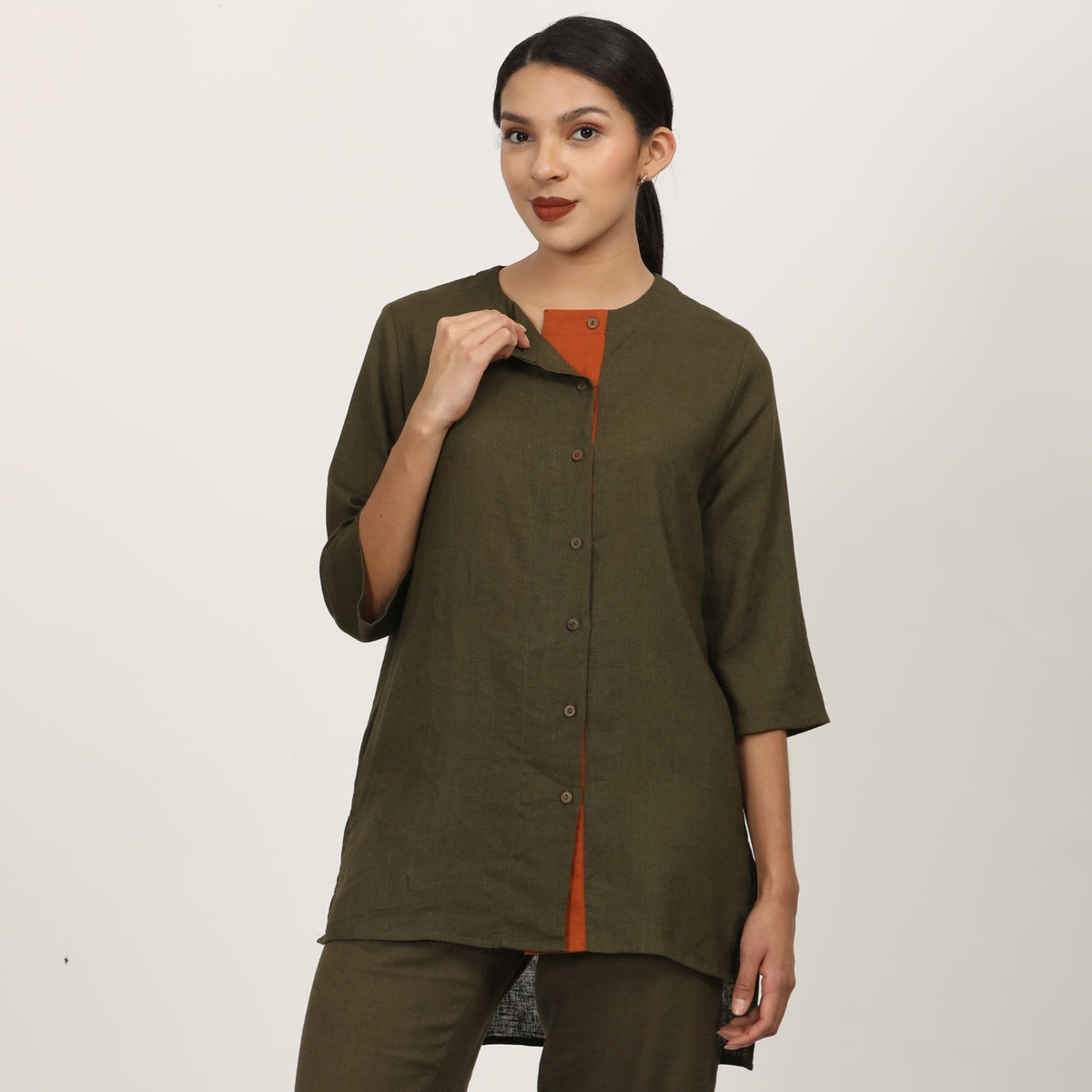 Nyla Long Line Shirt - Olive Green