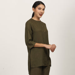 Nyla Long Line Shirt - Olive Green