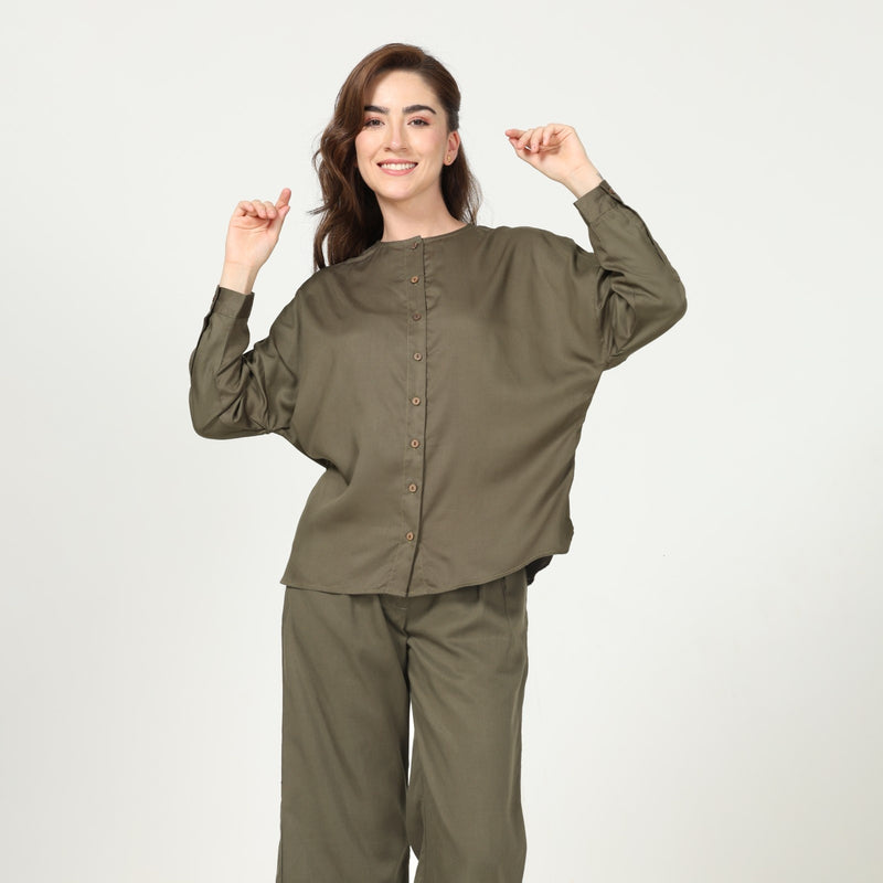 Uncollared Shirt - Olive Green