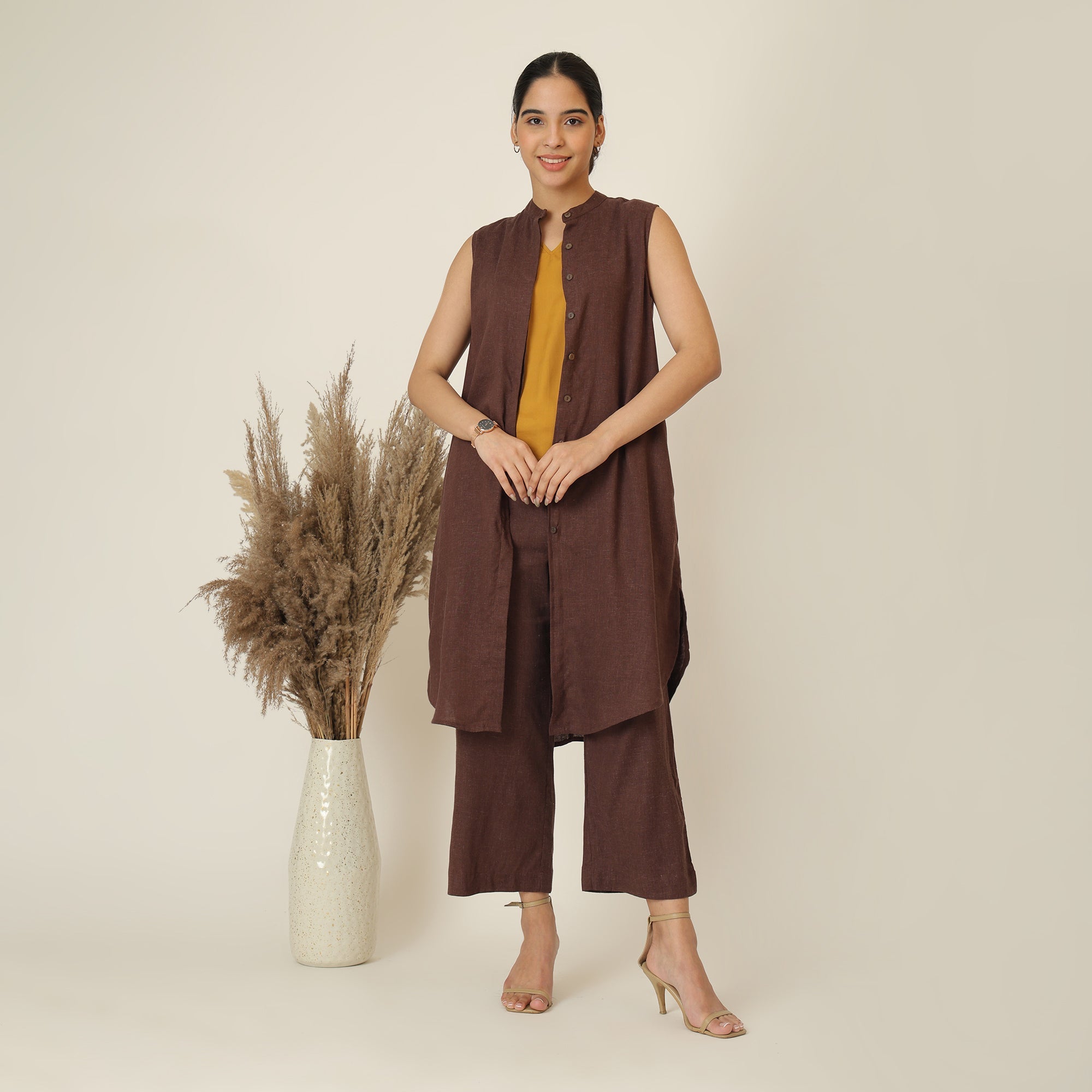 Wendy Set Of 3 - Sleeveless Shrug,Top & Pants - Coffee Brown & Mustard