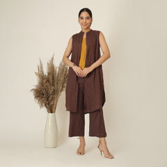 Wendy Set Of 3 - Sleeveless Shrug,Top & Pants - Coffee Brown & Mustard