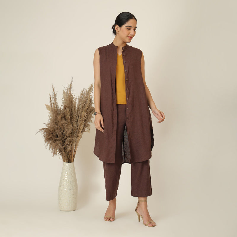Dahlia Sleeveless Long Shirt - Coffee Brown