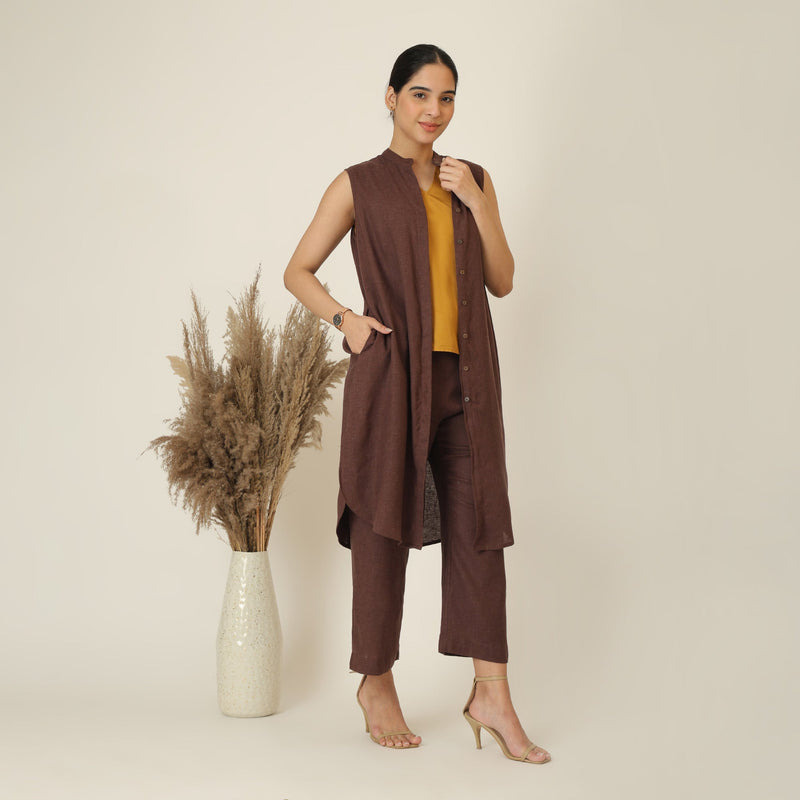 Wendy Set Of 3 - Sleeveless Shrug,Top & Pants - Coffee Brown & Mustard