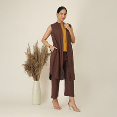 Wendy Set Of 3 - Sleeveless Shrug,Top & Pants - Coffee Brown & Mustard