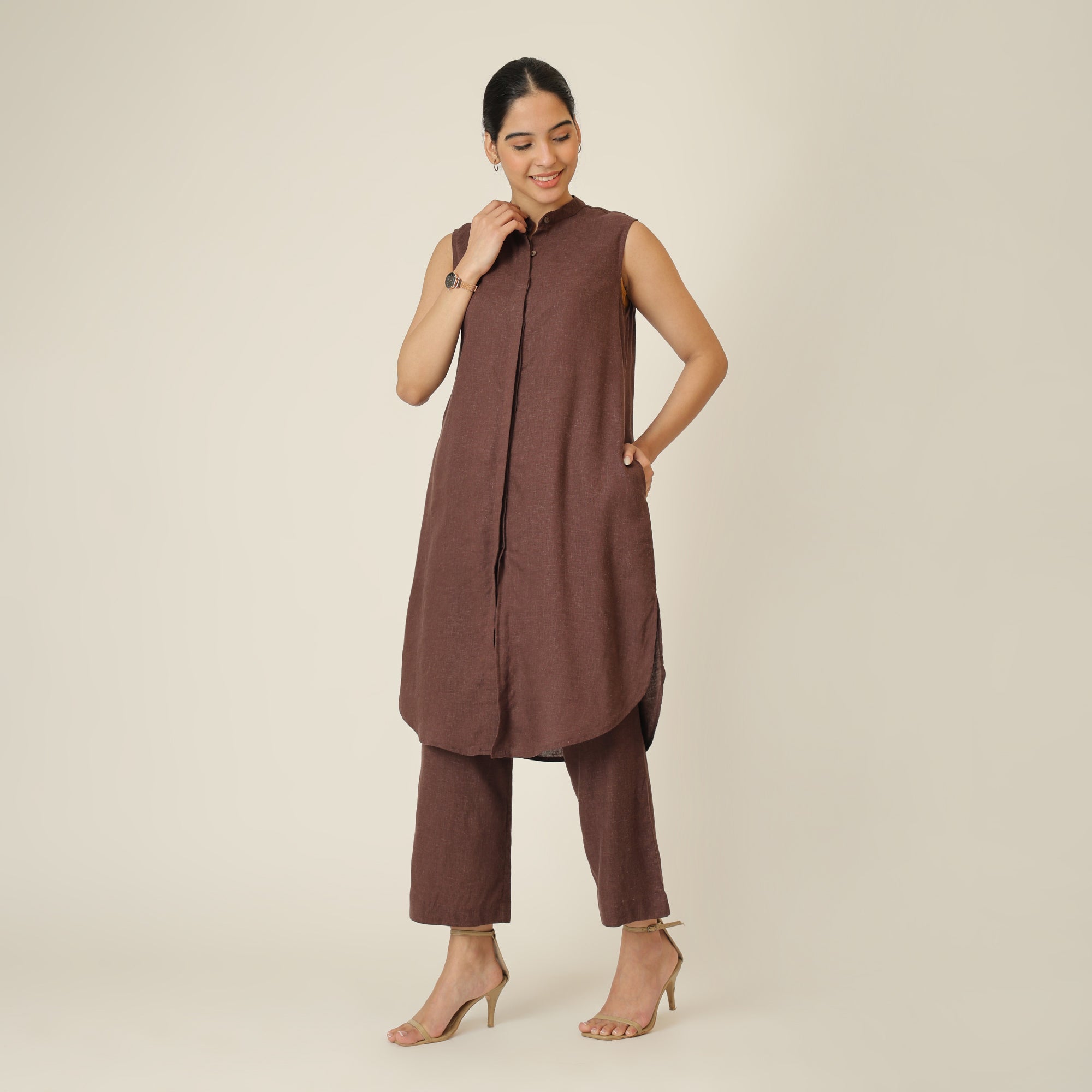 Dahlia Set Of 2 - Sleeveless Tunic & Pants - Coffee Brown