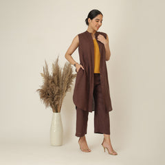 Wendy Set Of 3 - Sleeveless Shrug,Top & Pants - Coffee Brown & Mustard